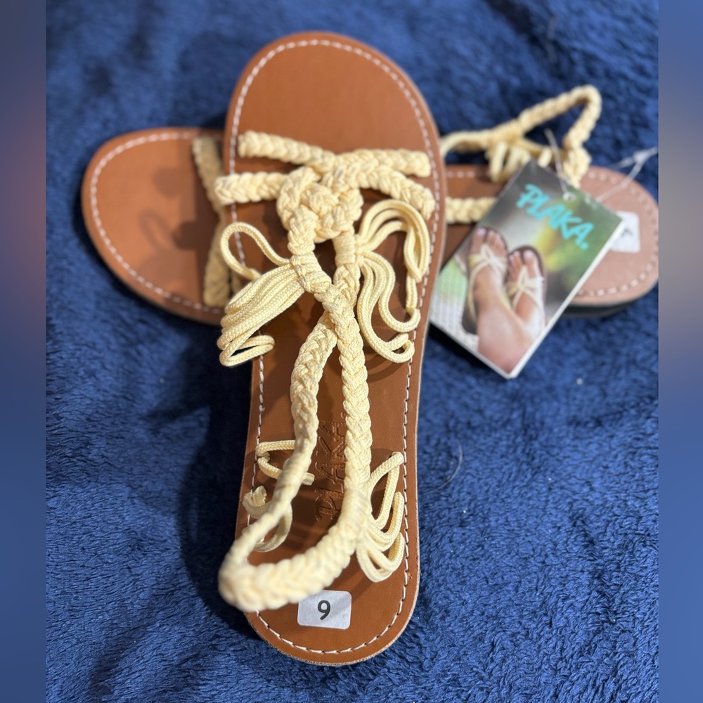 Plaka Braided Rope Flat Sandals Tan & Cream | Women’s Size 9 | NWT